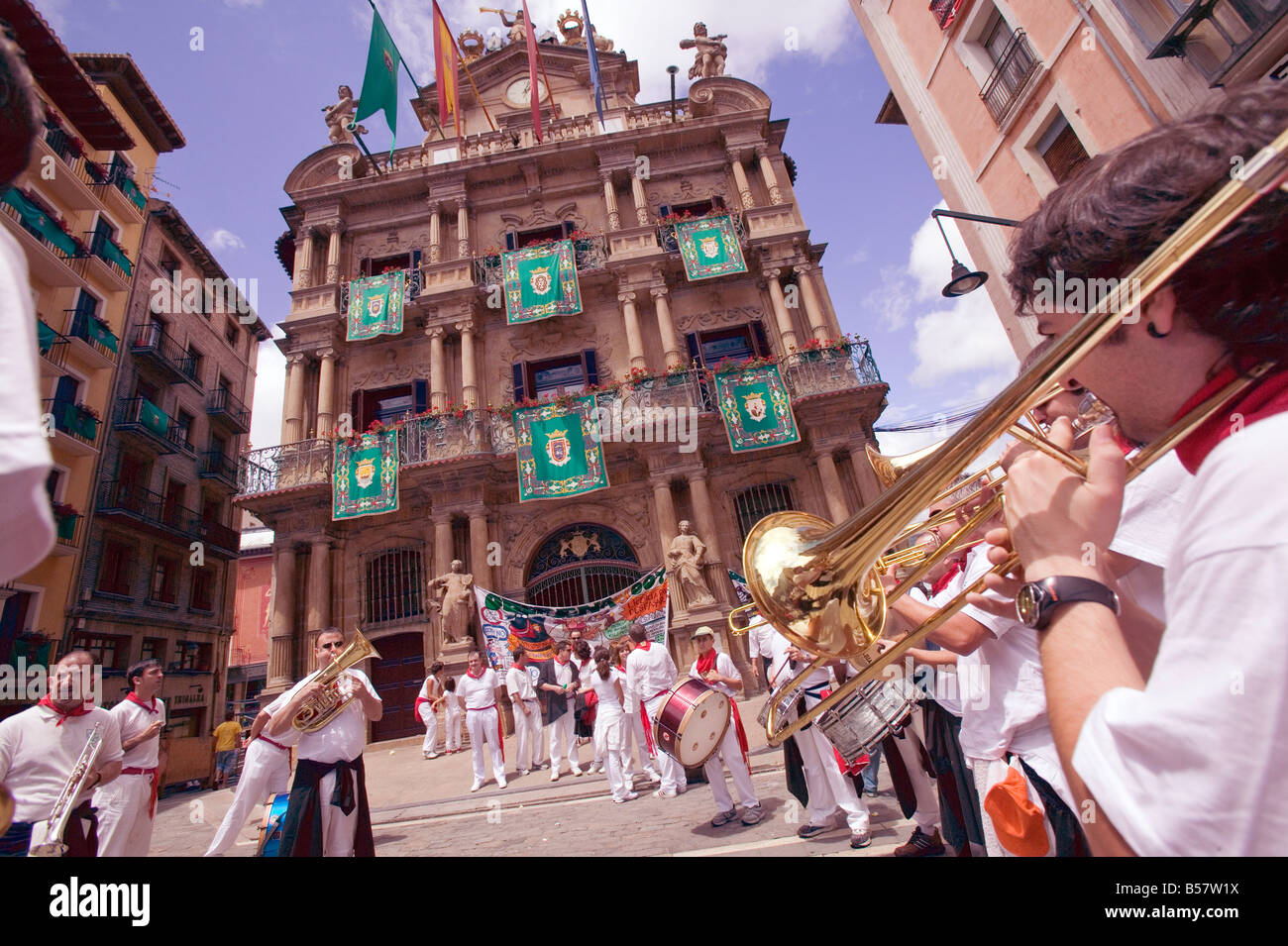 Club's parade, San Fermin festival, and Pamplona City Hall, Pamplona, Navarra, Spain, Europe Stock Photo
