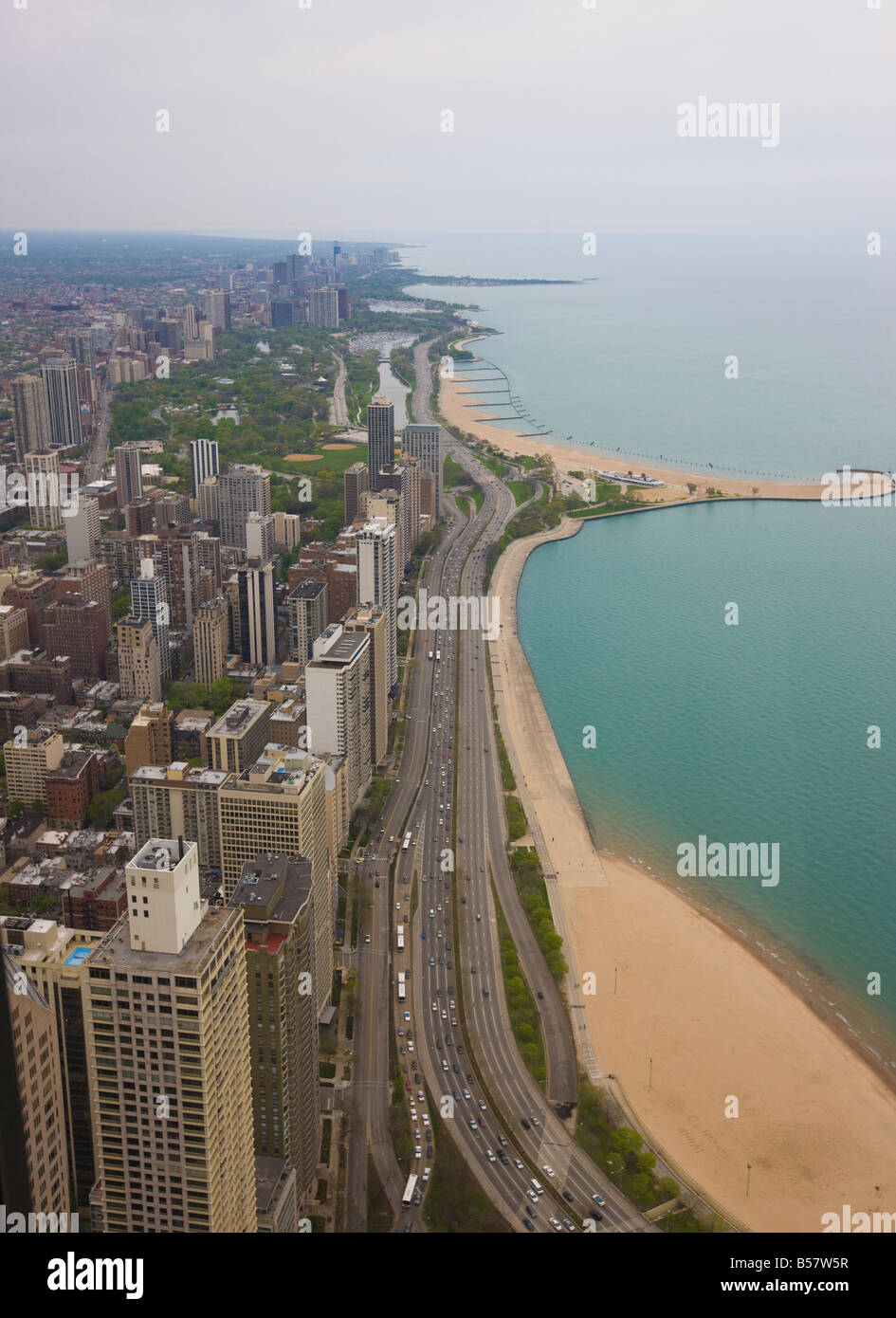 Aerial view looking north up Lakeshore Drive to the Gold Coast district, Chicago, Illinois United States of America Stock Photo