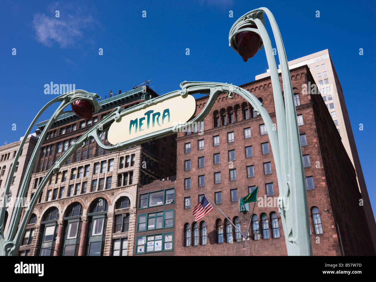 Metra rail system, station sign in the style of the Paris Metro, Chicago, Illinois, United States of America, North America Stock Photo
