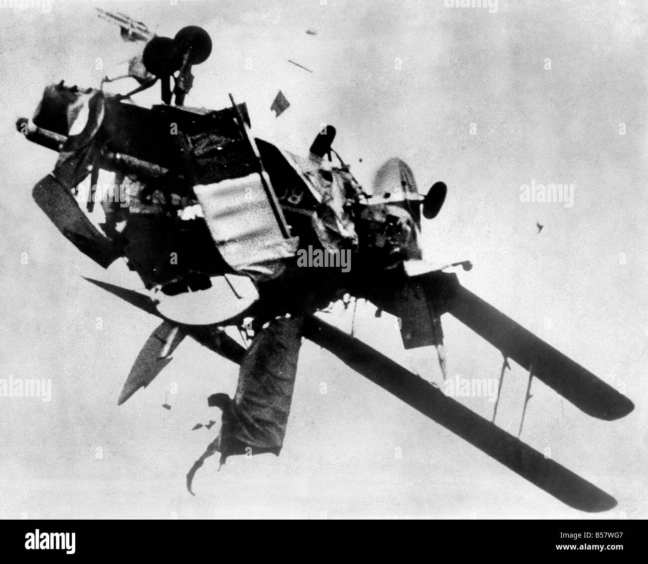 Mid air collision at Weston Super Mare air display. Involved were a Tiger Moth plane piloted by Colin Goodman, and a Stampe flown by Barry Tempest. ;July 1972 ;P004671 Stock Photo