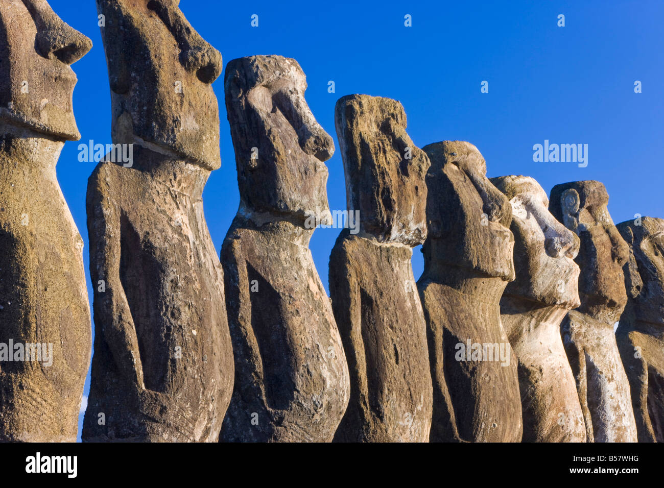 Ahu Tongariki, the largest ahu on the Island, Tongariki is a row of 15 giant stone Moai statues, Rapa Nui, Chile Stock Photo
