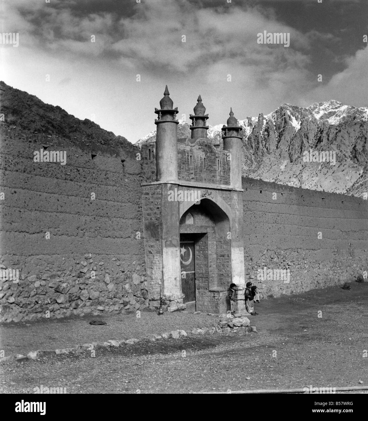 Royal Tour of Pakistan - The Khyber Pass: The entrance gate to the village of Landi Hotel, only 5 miles from the Afghanistan border, which is renowned for smuggling and local armed tribesmen. ;February 1961 ;P004705 Stock Photo