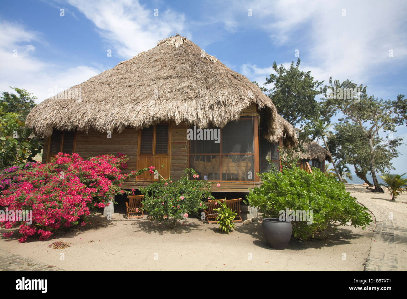Thatched cottage at The Turtle Inn Francis Ford Cappola s beach front hotel Placencia Belize Central America Stock Photo