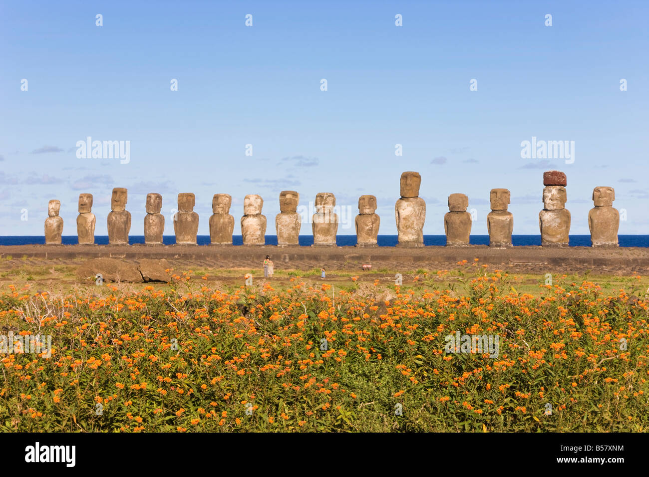 Ahu Tongariki, the largest ahu on the Island, Tongariki is a row of 15 giant stone Moai statues