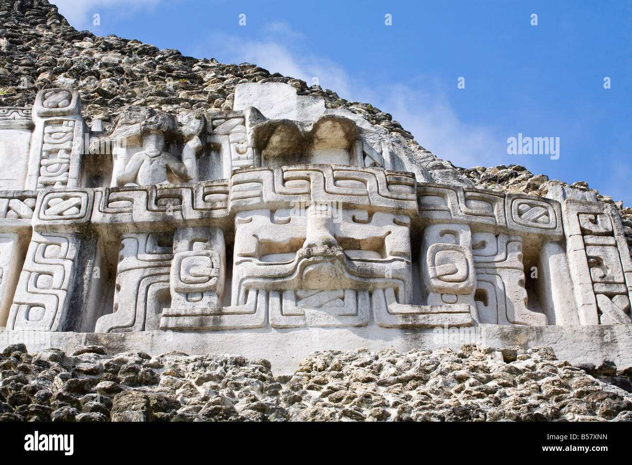 Frieze on the 130ft high El Castillo at the Mayan ruins at Xunantunich, San Ignacio, Belize, Central America Stock Photo