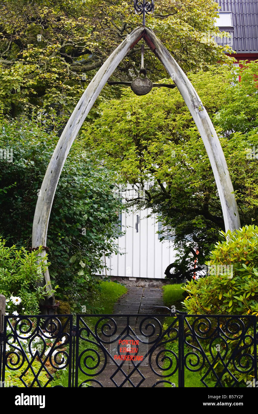 Whale bones in garden City of Torshavn Faroe Islands Kingdom of Denmark