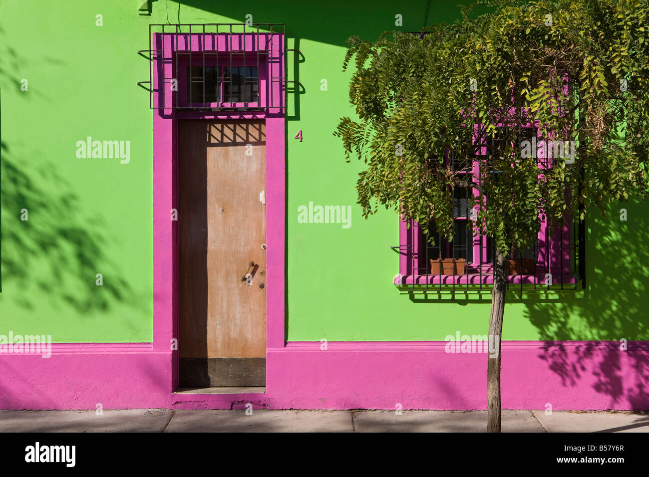 Colourfully painted housefronts in the trendy district of Barrio Bellavista, Santiago, Chile, South America Stock Photo