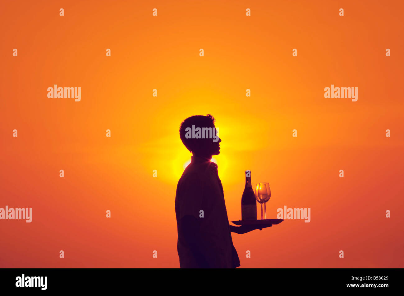 Waiter holding tray bottle wine hi-res stock photography and images - Alamy