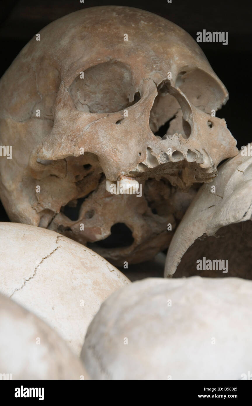 Some of the 9000 skulls, The Killing Fields, Choeung Ek, Phnom Penh, Cambodia, Indochina, Southeast Asia, Asia Stock Photo