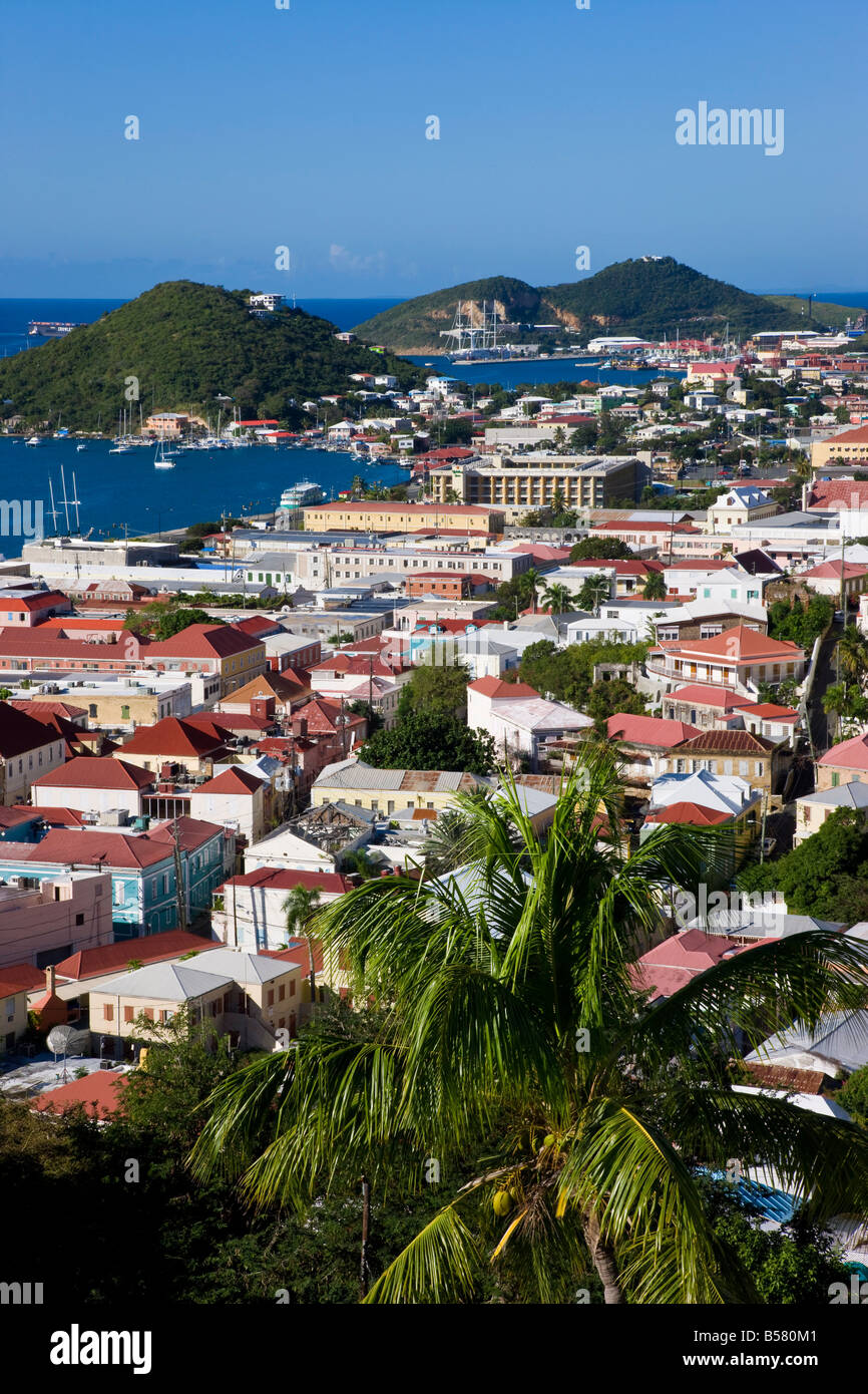 Elevated view over the town from Blackbeard's Castle, St. Thomas, U.S. Virgin Islands, West Indies, Caribbean, Central America Stock Photo
