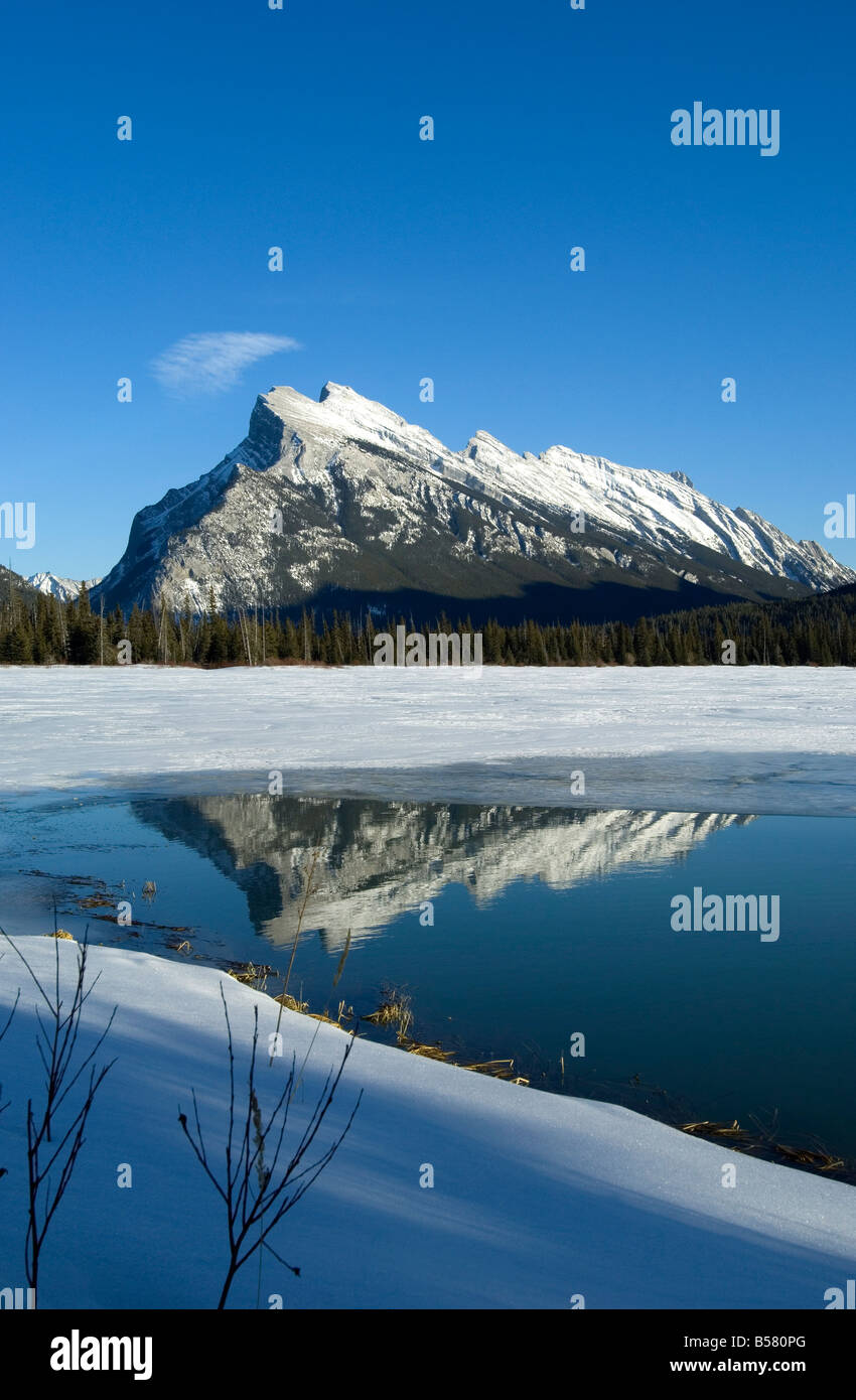 Reflection of Rocky Mountains in Vermilion Lakes in Banff National Park, UNESCO World Heritage Site, Alberta, Canada Stock Photo