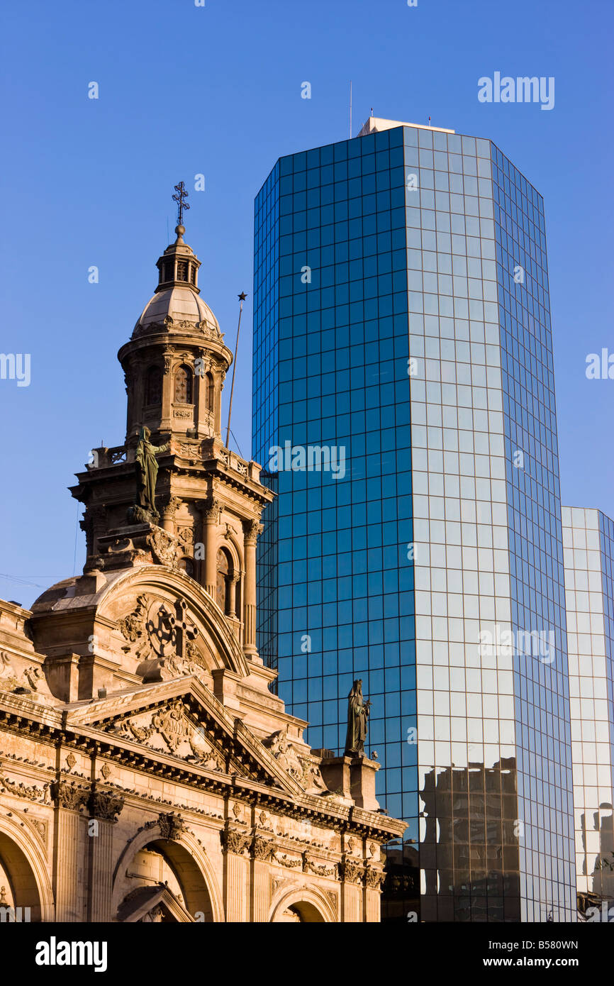 Cathedral Metropolitana and modern office building in Plaza de Armas, Santiago, Chile, South America Stock Photo