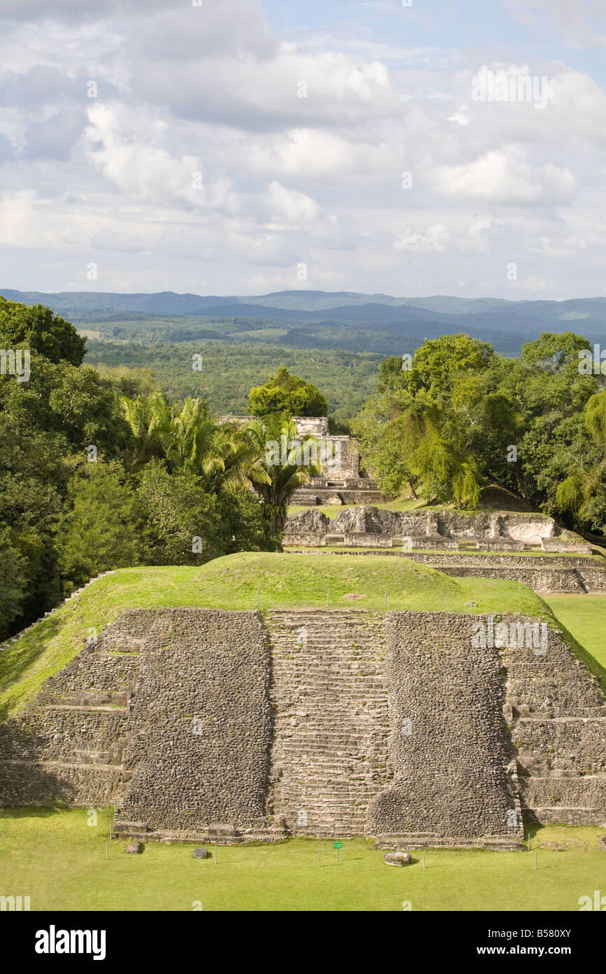 View from 130ft high El Castillo at the Mayan ruins at Xunantunich, San Ignacio, Belize, Central America Stock Photo