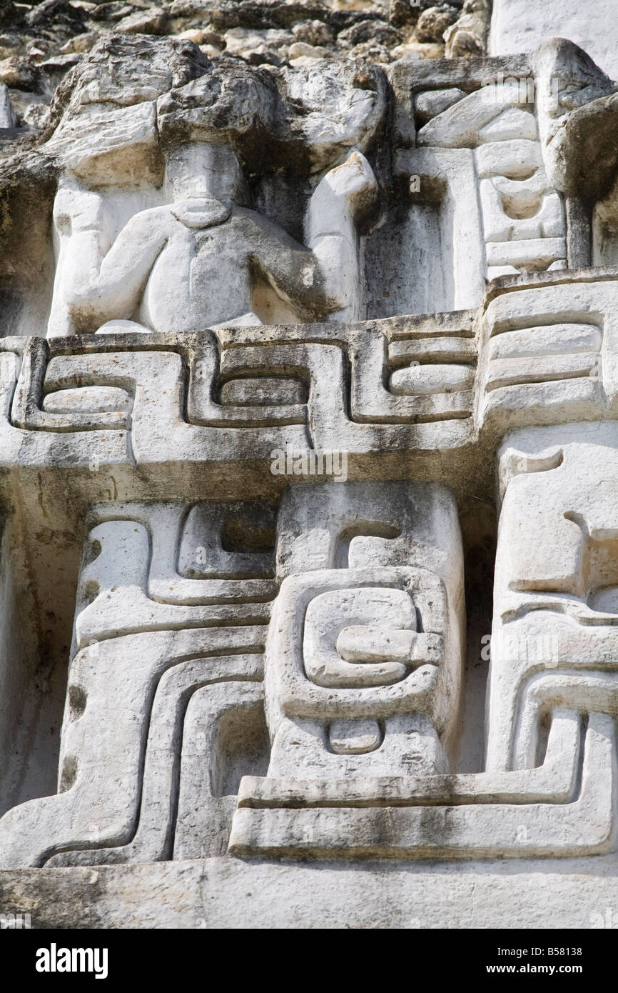 Frieze on the 130ft high El Castillo at the Mayan ruins at Xunantunich, San Ignacio, Belize, Central America Stock Photo