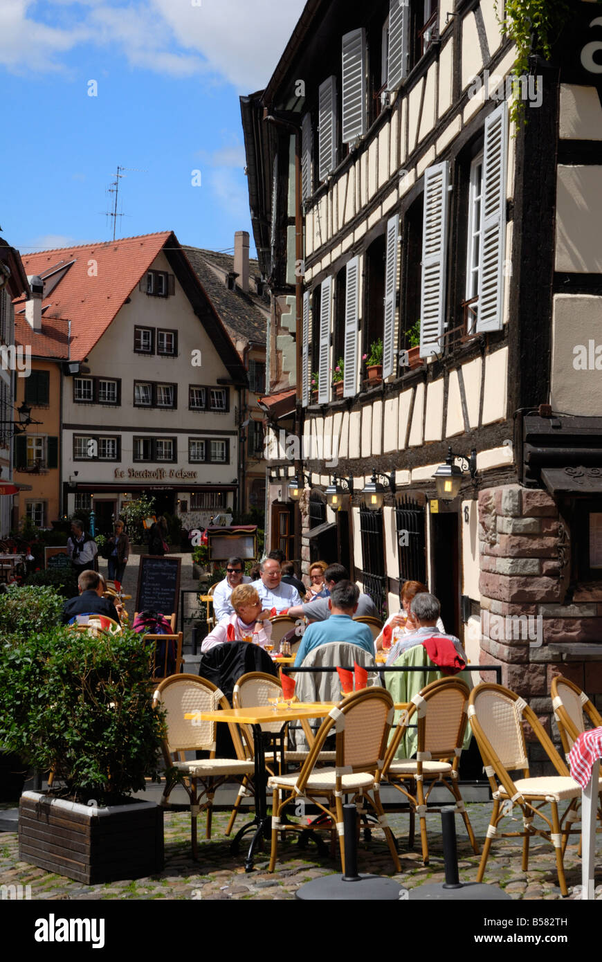 Restaurant, timbered buildings, La Petite France, Strasbourg, Alsace, France, Europe Stock Photo