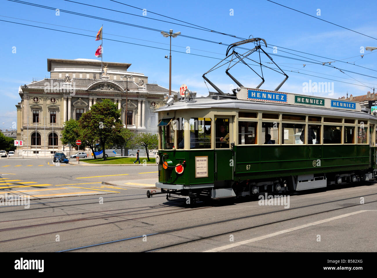 Vintage tram and the Grand Theatre, Place de Neuve, Geneva, Switzerland, Europe Stock Photo