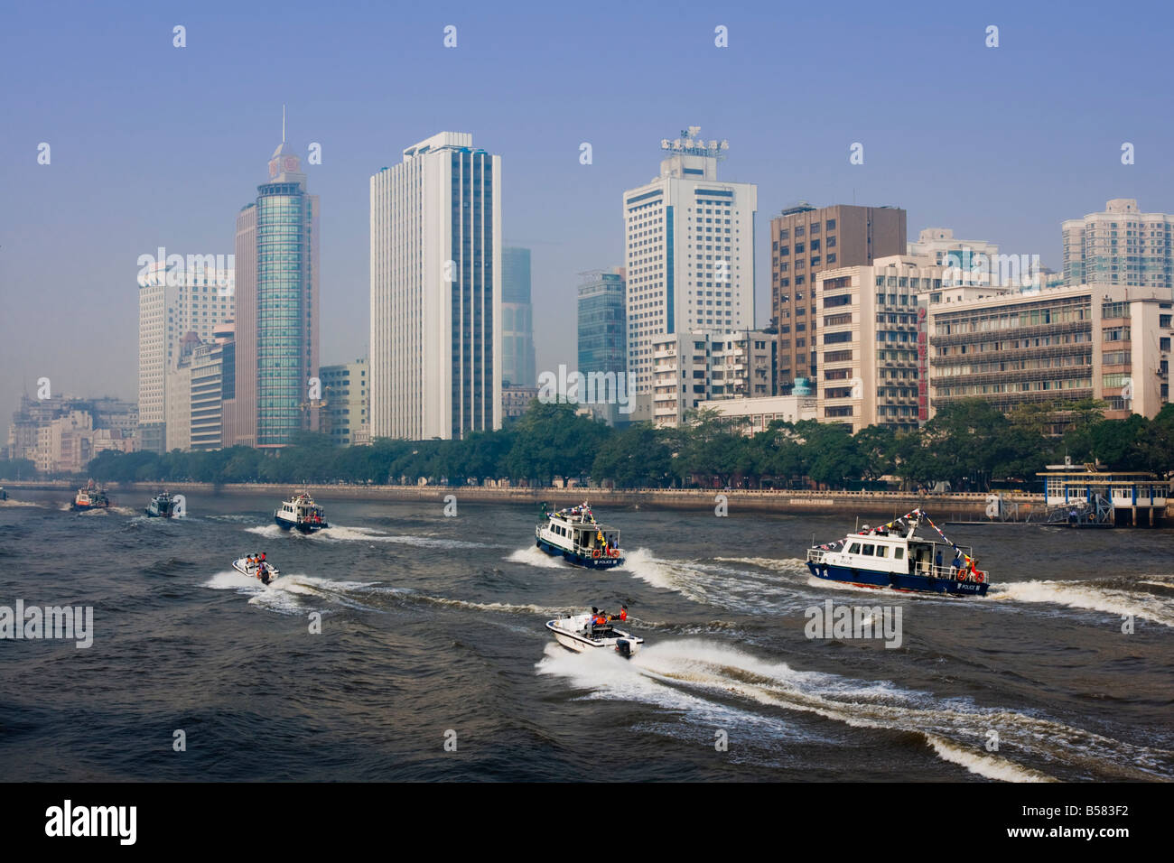 Police boat display, Guangzhou (Canton), Guangdong, China, Asia Stock Photo