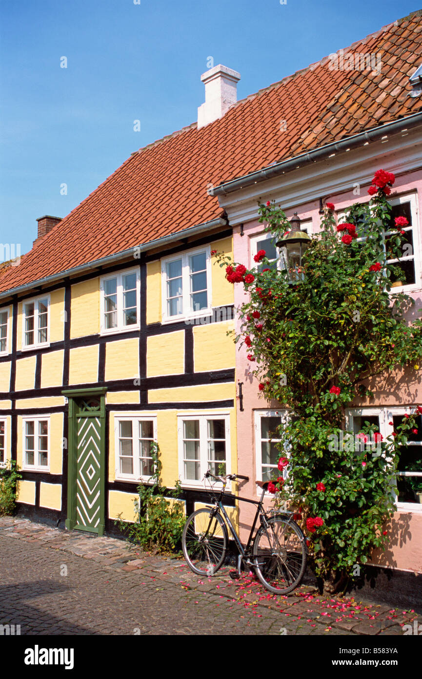 Typical street of pastel houses Aeroskobing Aero Denmark Scandinavia
