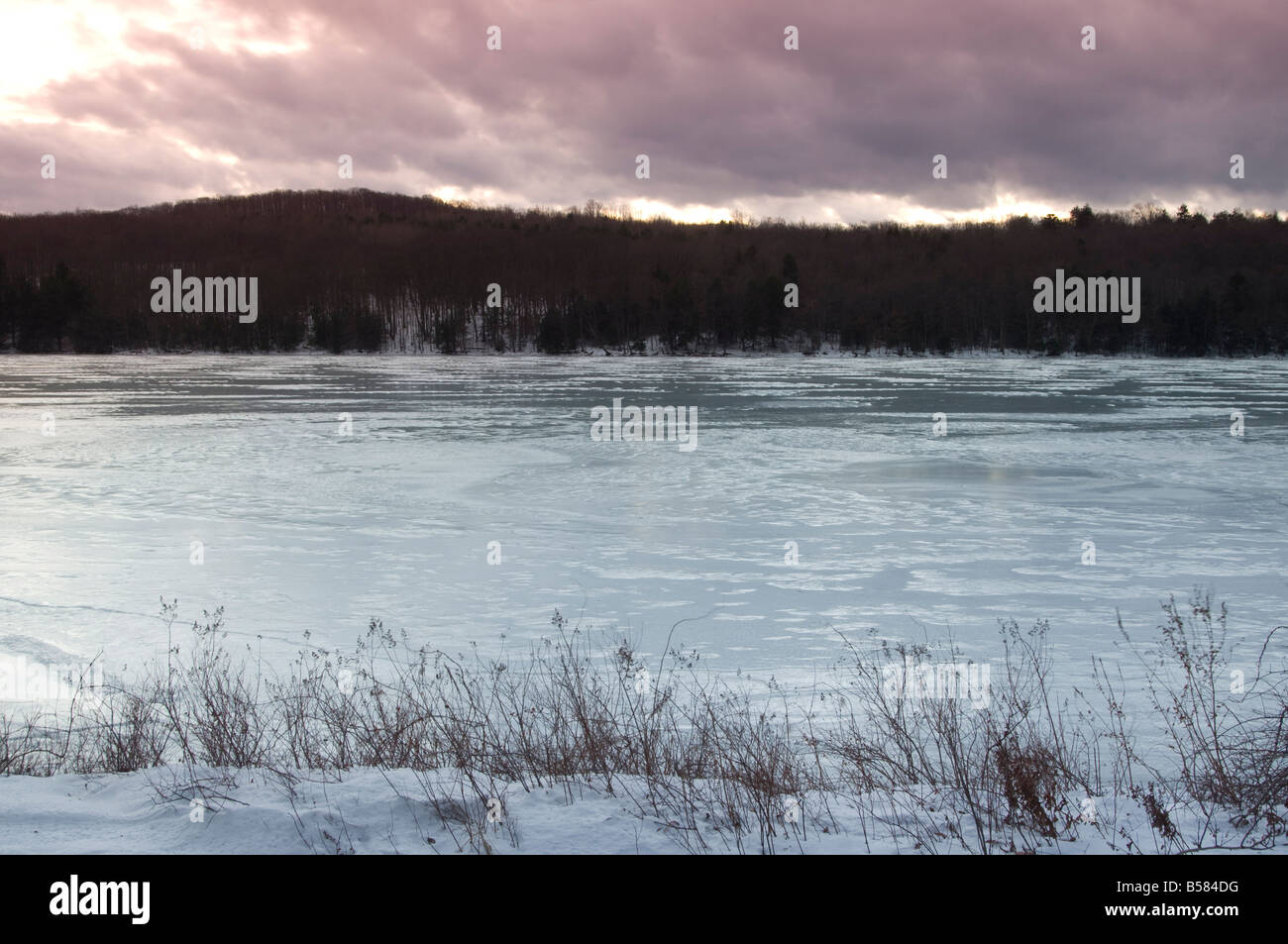 A frozen lake in winter, Lake Myosotis in Rensselaerville, New York State, United States of America, North America Stock Photo