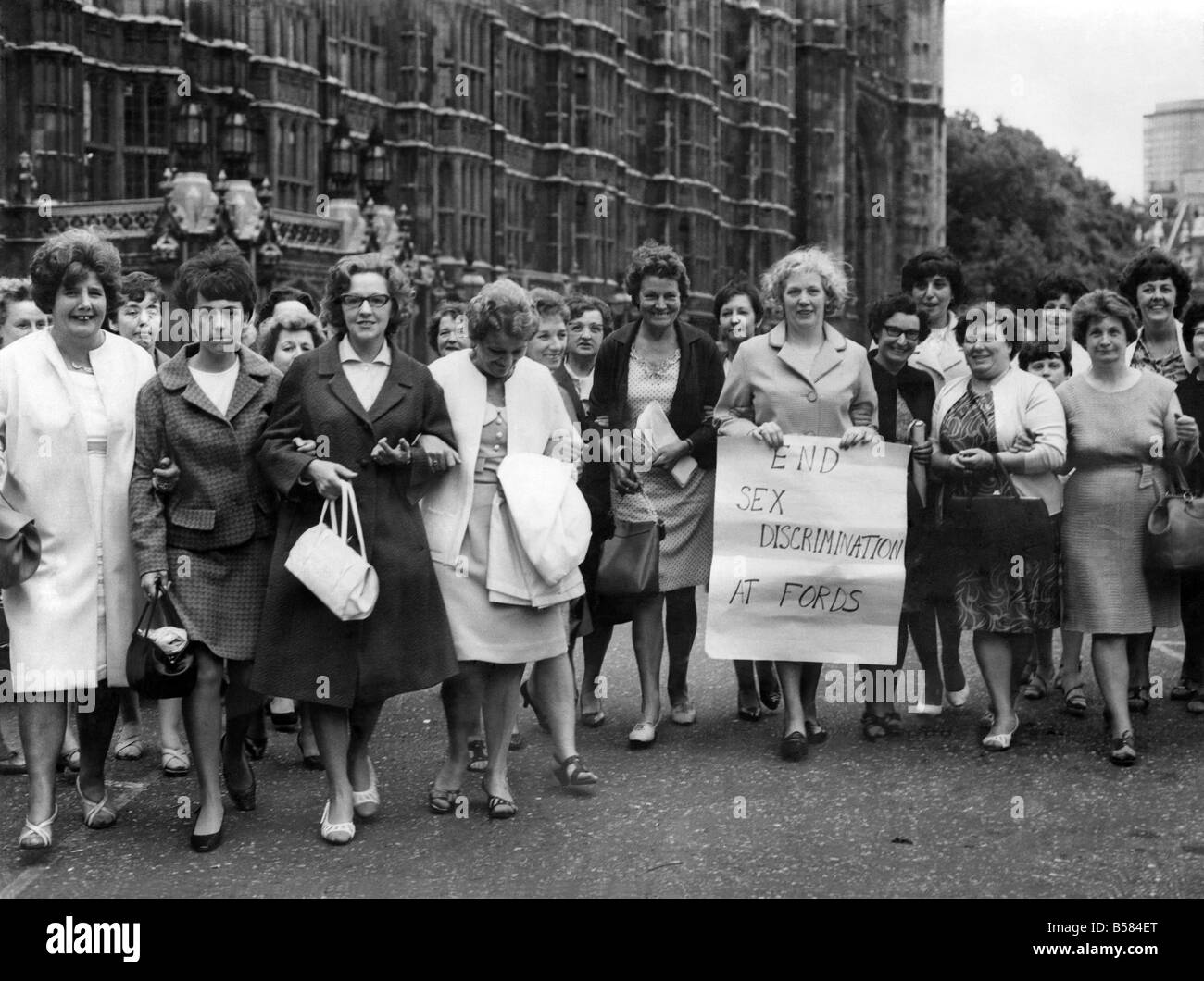 Coach load of women stikers lobby MPs at House of Commons. About 40 of the strikers disrupting Fords at the moment arrived by coach at the House of Commons last night to lobby women MPs. Led by Mrs. Lilian O'Callaghan the women carried banners stating 'No Surrender to Fords. June 1968 P005439 Stock Photo