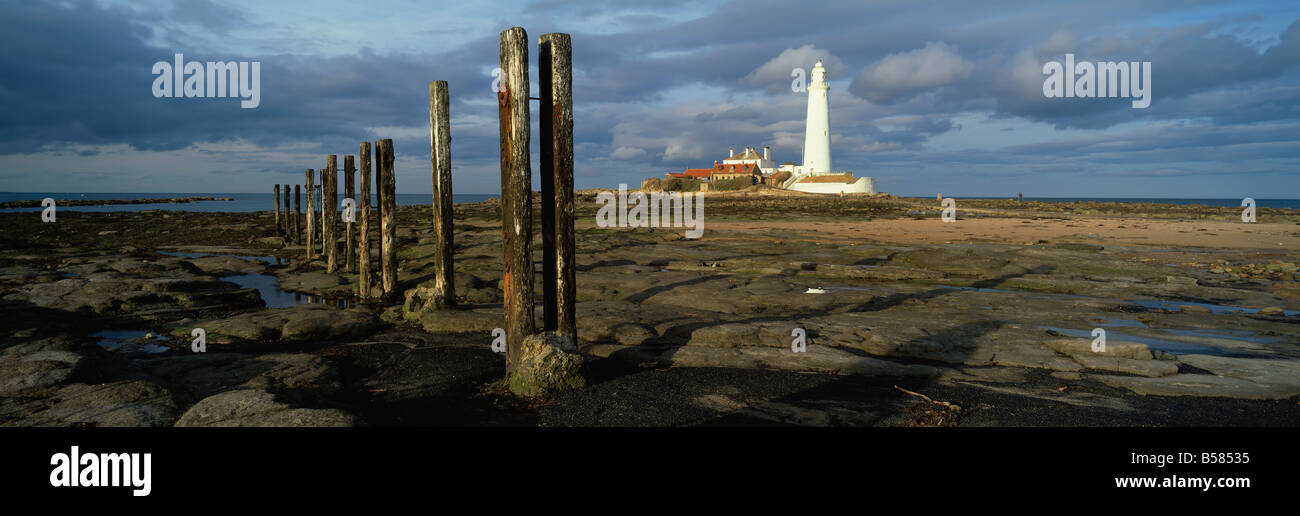 St. Mary's Lighthouse and St. Mary's Island in evening light, near Whitley Bay, Tyne and Wear, England, United Kingdom, Europe Stock Photo