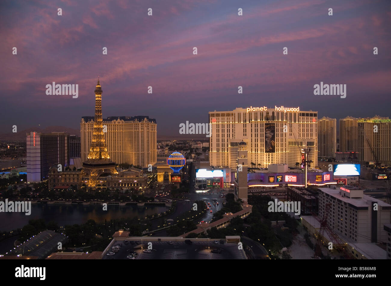 Paris Hotel and others on the Strip (Las Vegas Boulevard) near Flamingo, Las Vegas, Nevada, United States of America Stock Photo