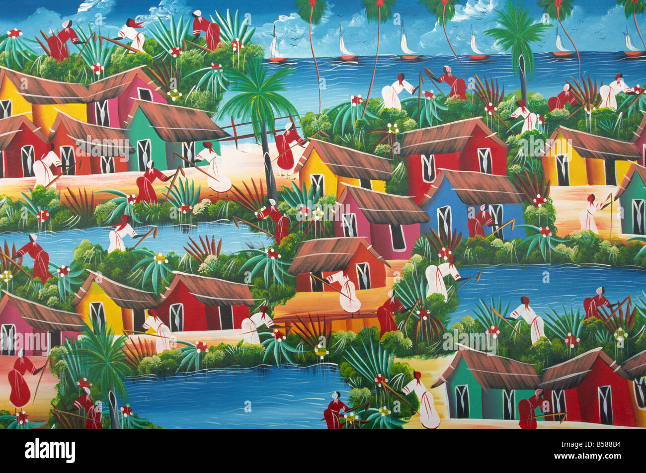 Naive Haitian painting, Colonial Zone, Santo Domingo, Dominican Republic, West Indies, Central America Stock Photo