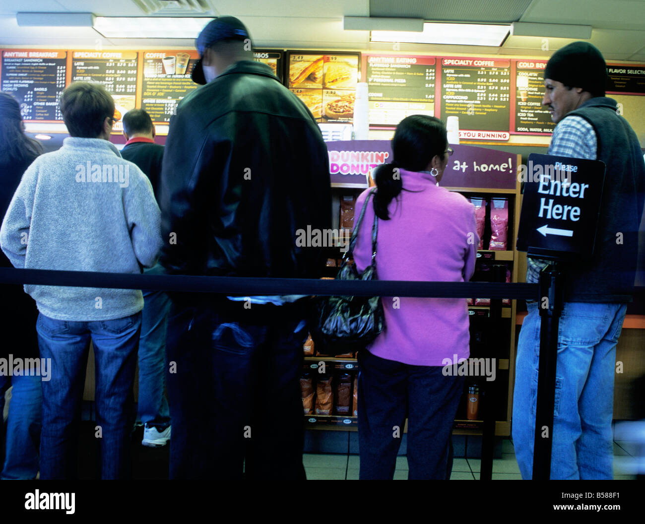 Breakfast line at a diner. Early morning queue waiting for fast food take-out. Small town restaurant Stock Photo