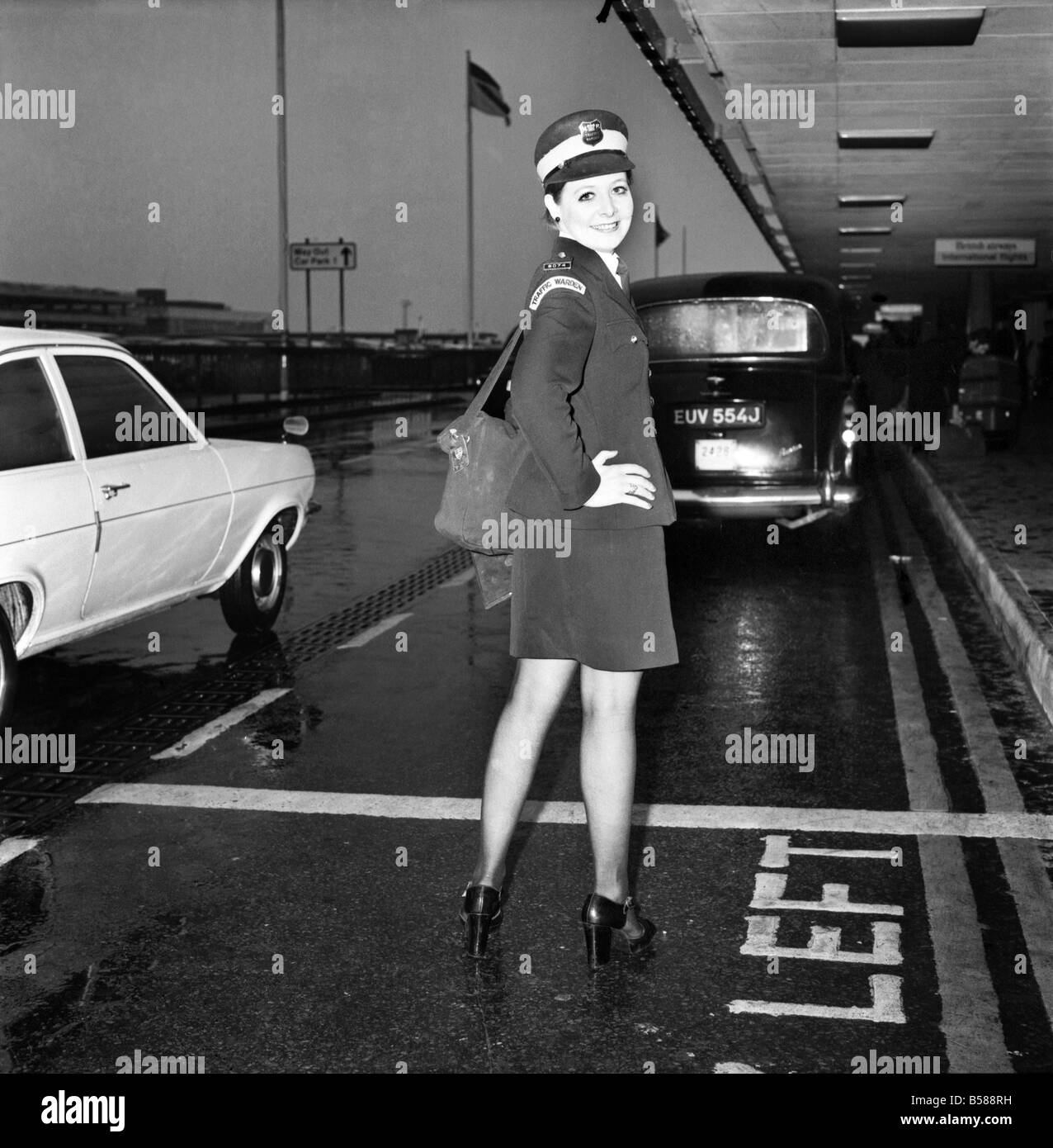 Beauty Queen Traffic Wardens. Travellers St London's Heathrow Airport may have their parking problems eased with cover girl smiles from two ex-model Traffic Wardens. Miss Denise Humphreys and Mrs. Linda Morton, Former beauty queens and models, have been stationed at the Airport since last Autumn. January 1975 75-00661-004 Stock Photo