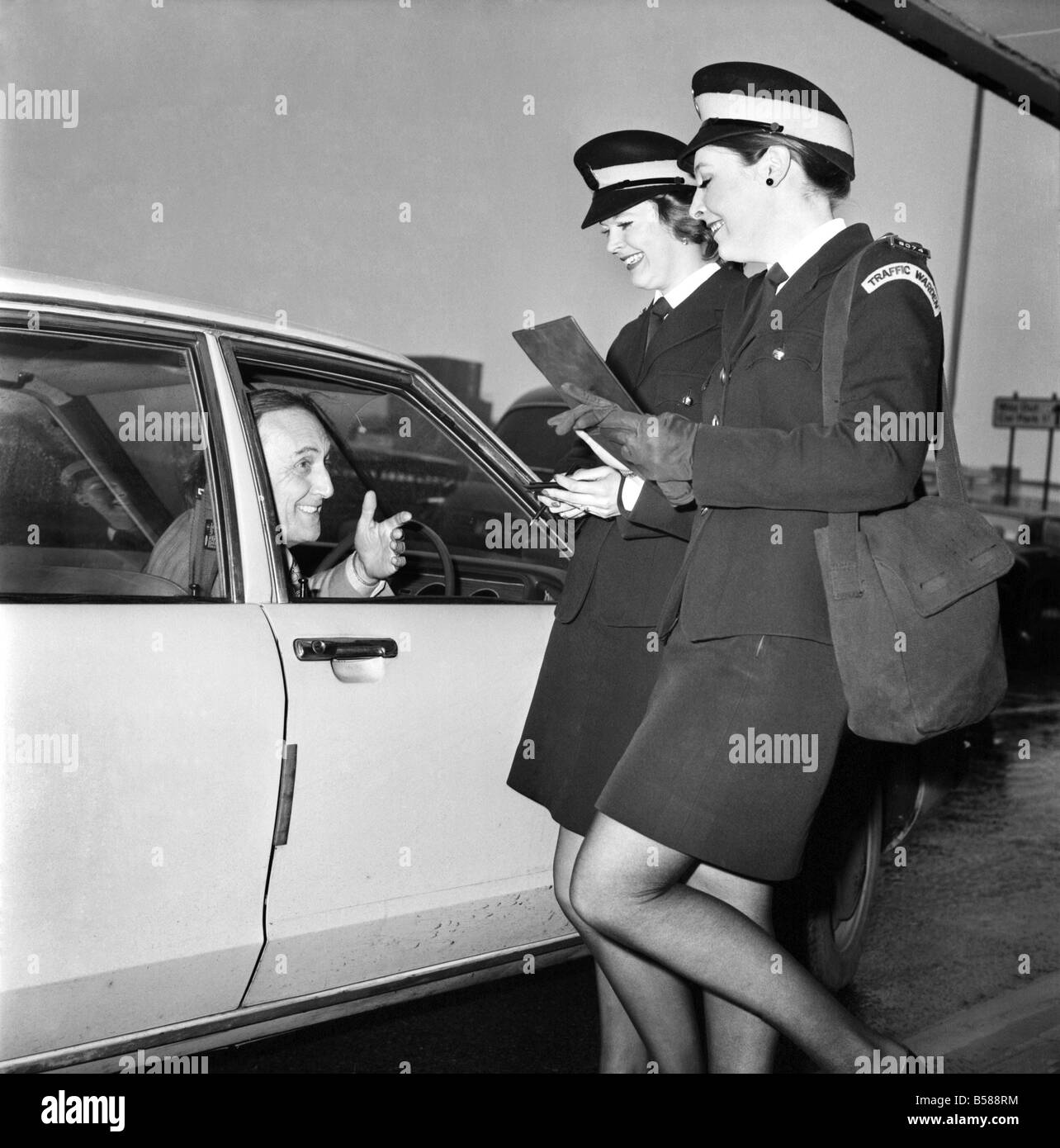 Beauty Queen Traffic Wardens. Travellers St London's Heathrow Airport may have their parking problems eased with cover girl smiles from two ex-model Traffic Wardens. Miss Denise Humphreys and Mrs. Linda Morton, Former beauty queens and models, have been stationed at the Airport since last Autumn. January 1975 75-00661-005 Stock Photo