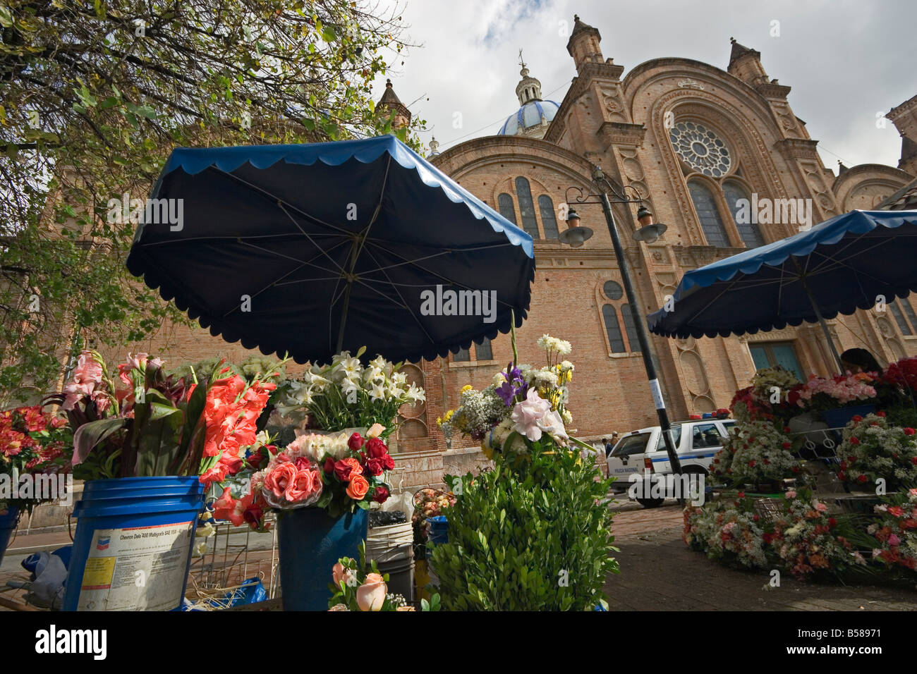 The popular flower market and new Catedral de la Inmaculada Concepcion, Cuenca, Azuay Province, Ecuador Stock Photo