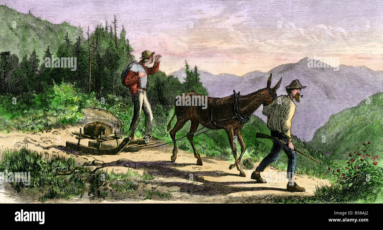 Moonshine whiskey taken to market in the southern Appalachians 1860s. Hand-colored woodcut Stock Photo