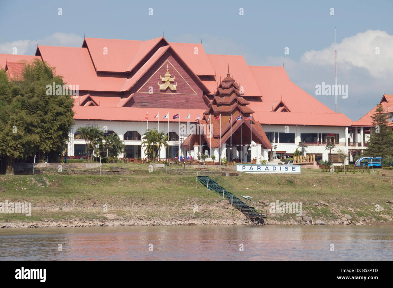 Casino on the Mekong River in Burma just a short boat trip from Thailand, where gambling is illegal, Myanmar (Burma) Stock Photo