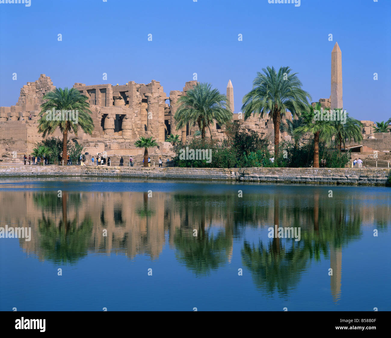 Reflections in the sacred lake of the temple, obelisks and palm trees at Karnak, near Luxor, Thebes, Egypt Stock Photo