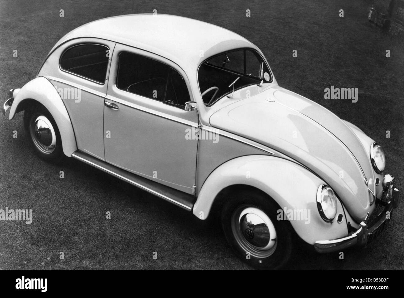 VW Beetle, this is the familiar outline of the volkswagen. April 1959 P005855 Stock Photo