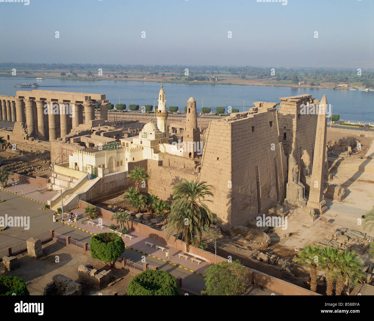 Luxor Temple, and the Abu el Haggag Mosque built in the middle, from the top of the New Mosque, Luxor, Thebes, Egypt Stock Photo
