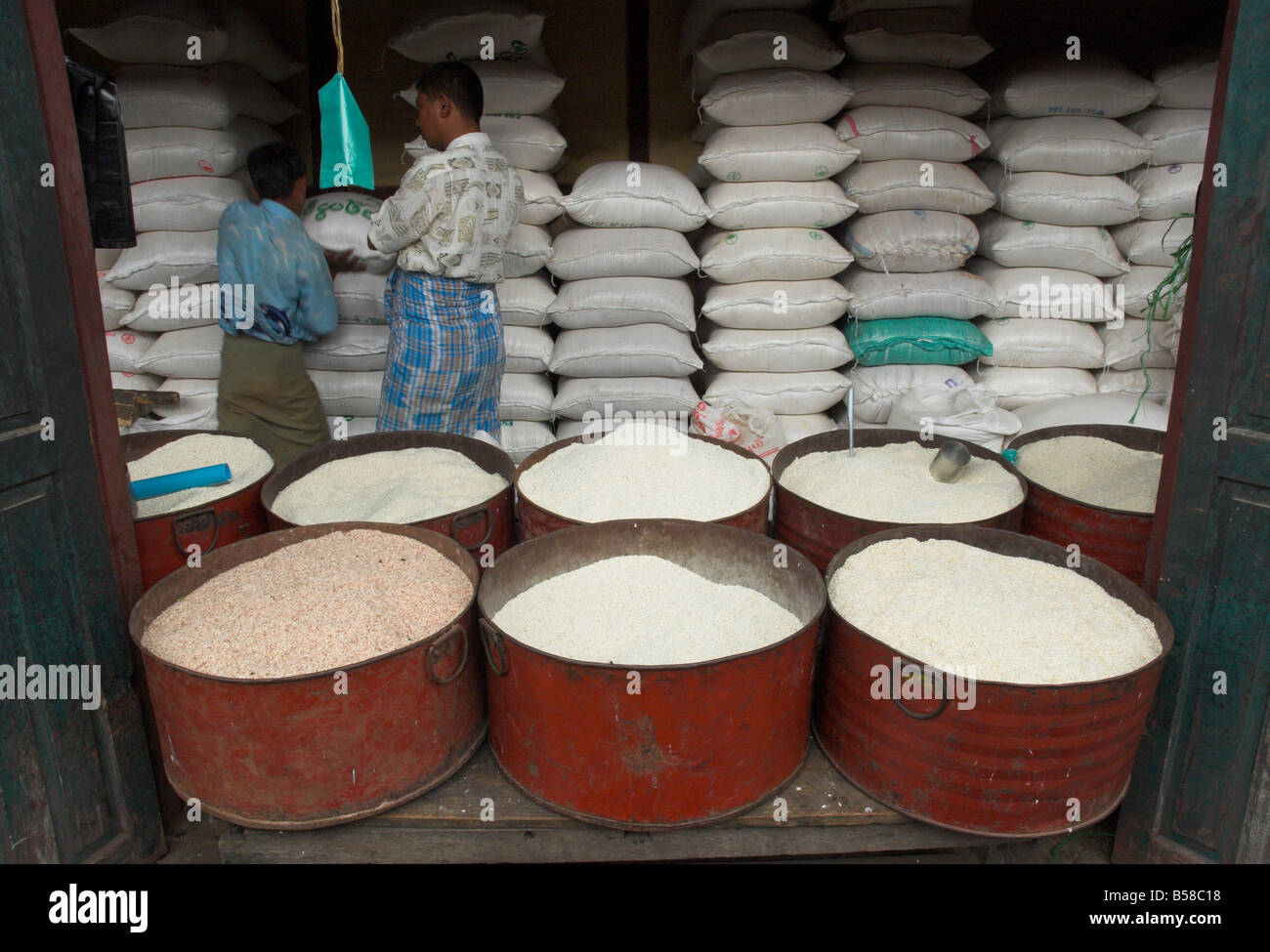 Rice stall at the daily market, Kalaw, Shan State, Myanmar (Burma) Stock Photo
