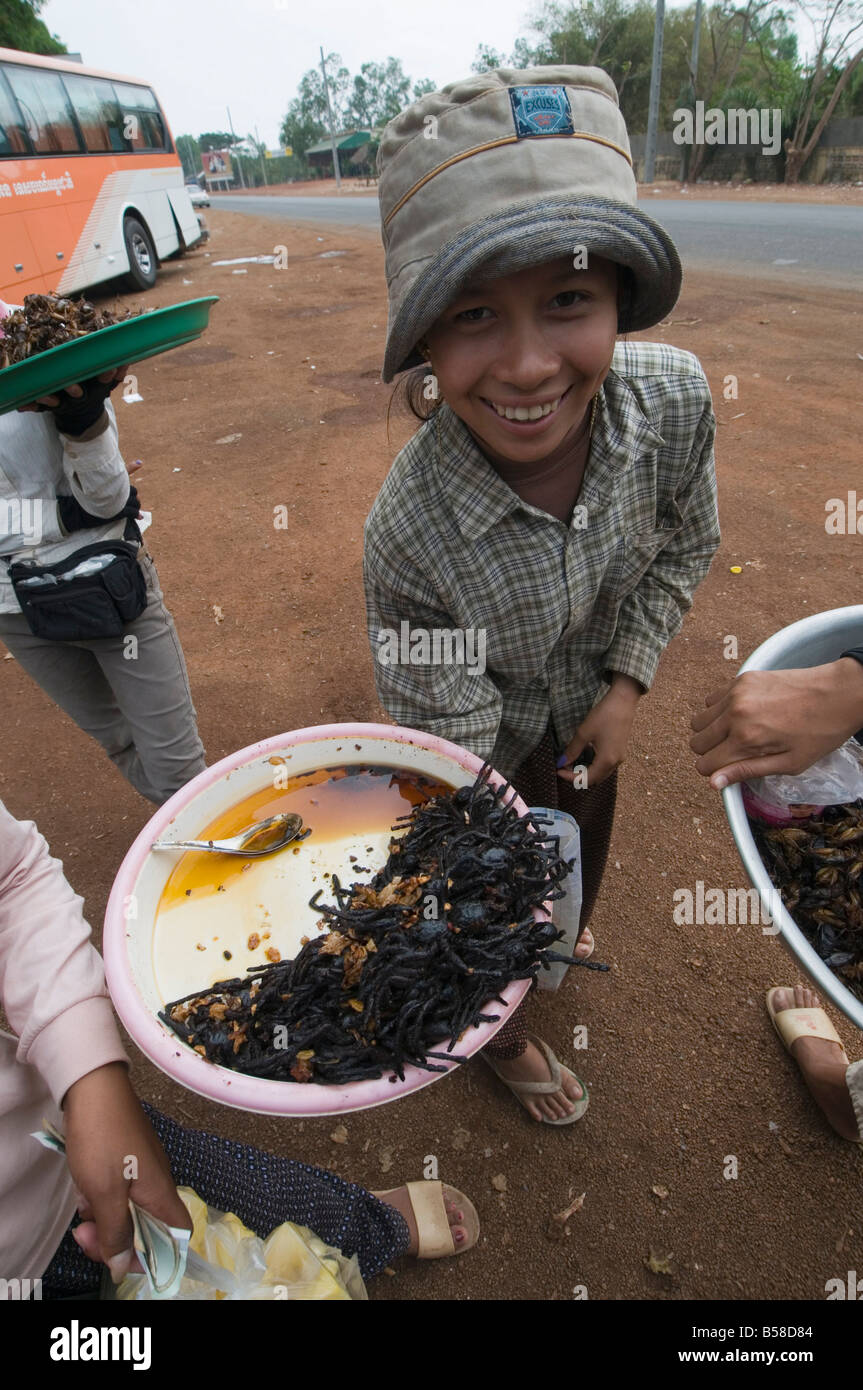 Cooked spiders for sale in market, Cambodia, Indochina, Southeast Asia Stock Photo