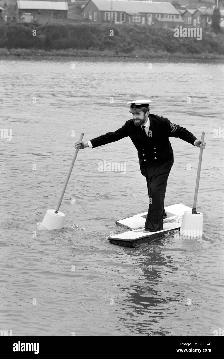 Petty officer Alan Hogarth on skis. Petty officer Alan Hogarth 33, tried out his device in Plymouth Harbour today, (he walks on Stock Photo