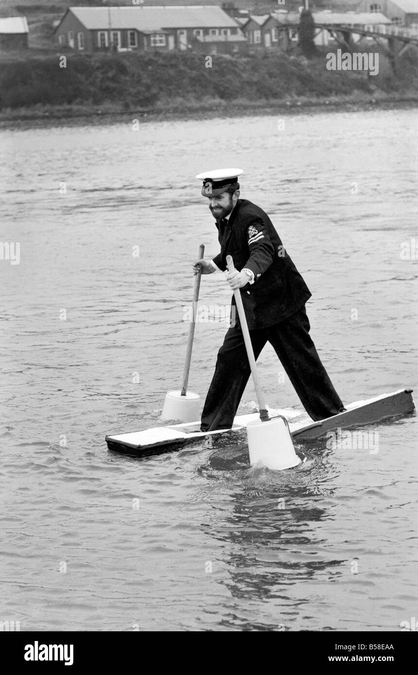Petty officer Alan Hogarth on skis. Petty officer Alan Hogarth 33, tried out his device in Plymouth Harbour today, (he walks on Stock Photo