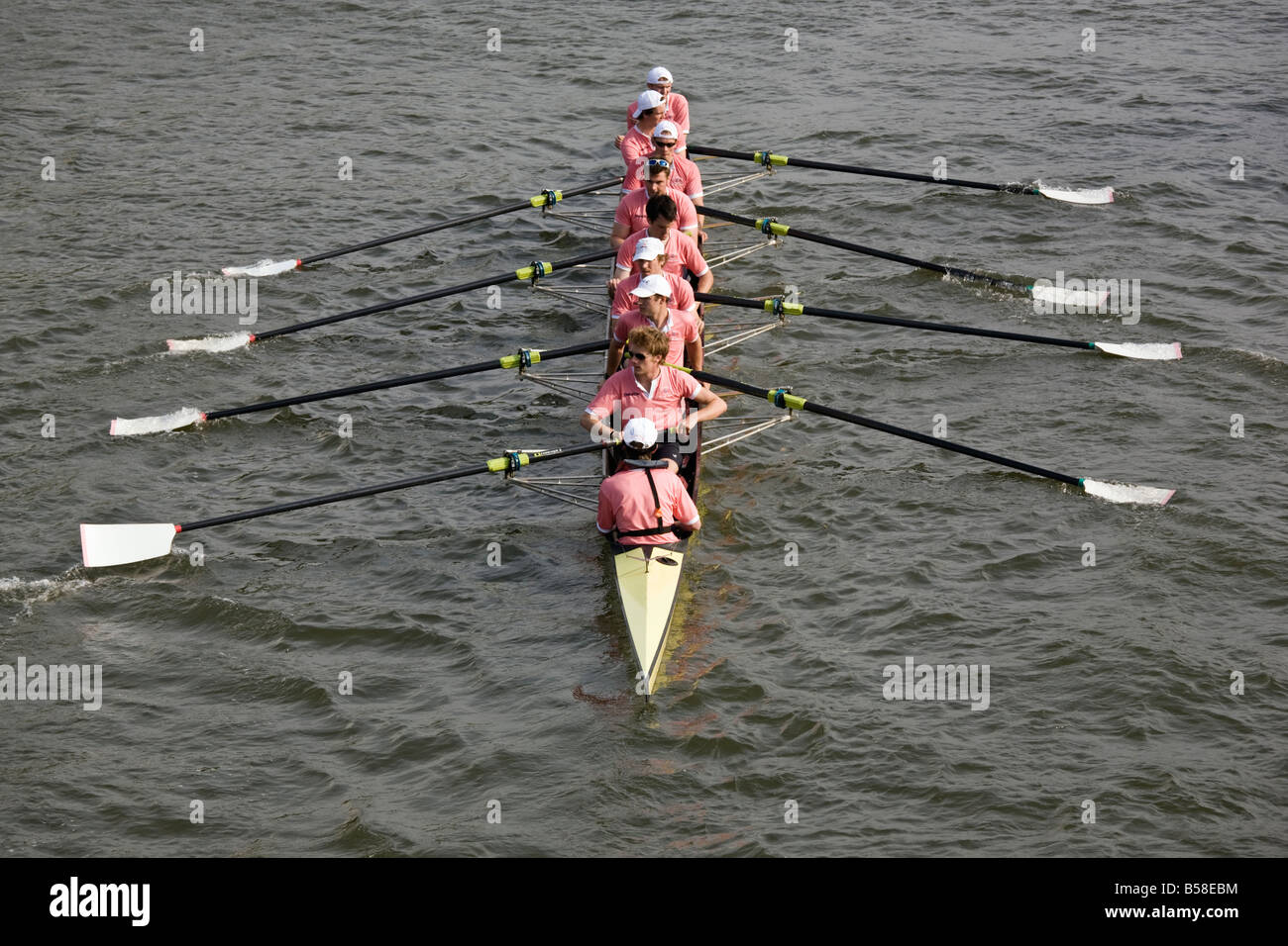 Male student crew rowing in Oxford University Eights Week competition