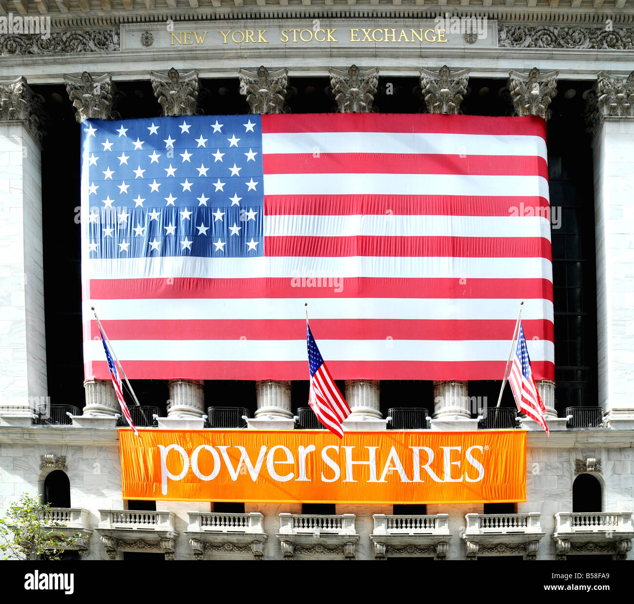 front of 'new york' 'stock exchange' 'wall street' and nasau st nyc ny america advertising power shares Stock Photo