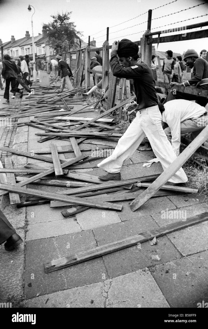 The Birmingham Riots. The remains of a fence round Boulton Road school where National Front Meeting was being held, was smashed Stock Photo