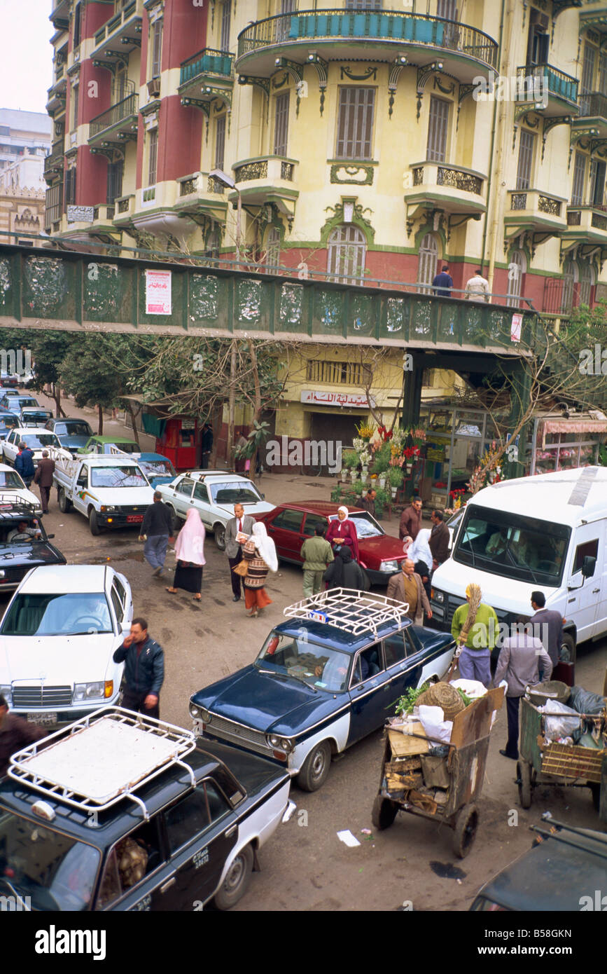 Traffic congestion with cars handcarts and pedestrians in Cairo Egypt North Africa Africa Stock Photo