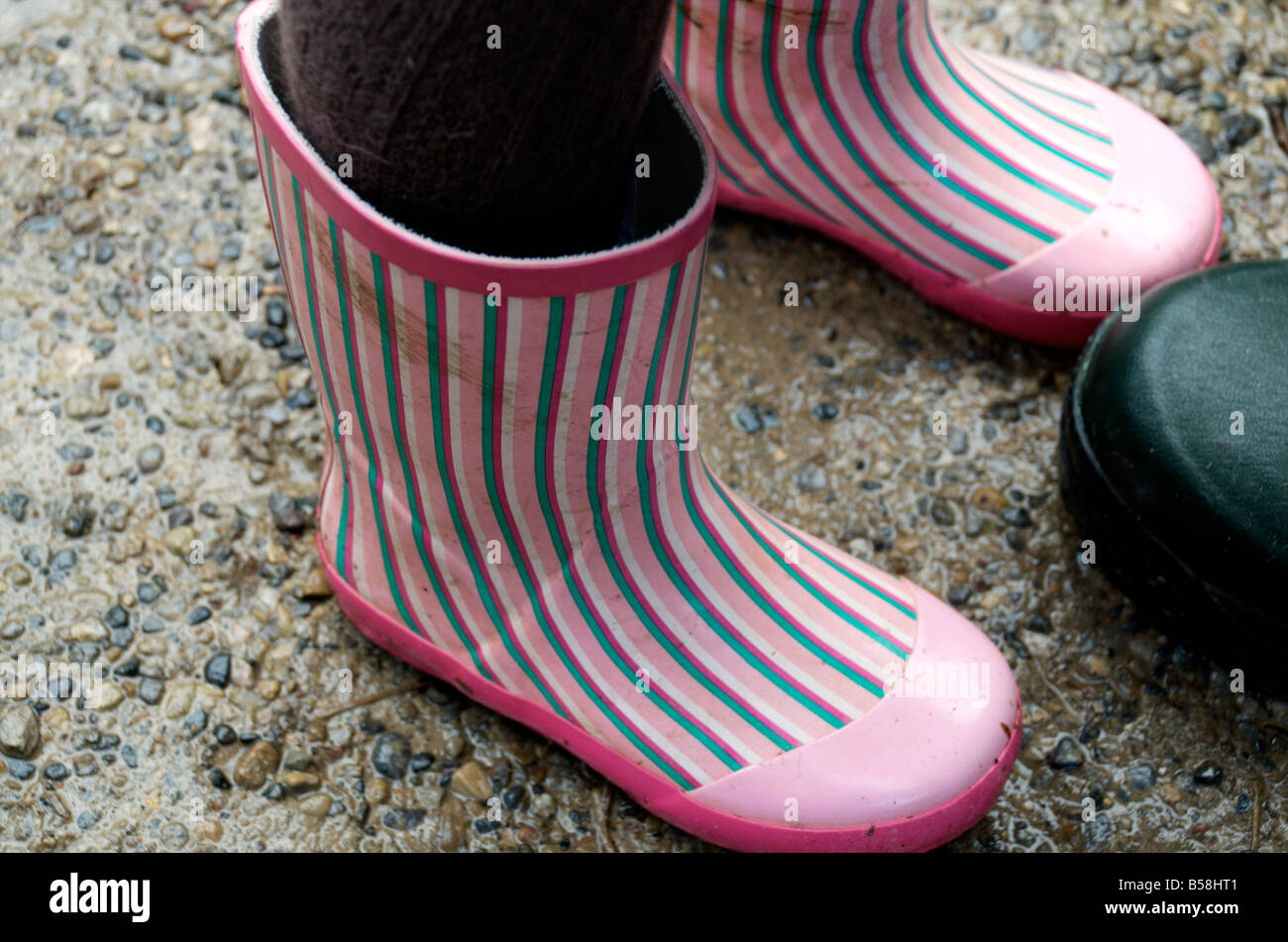 Pink Striped kids wellies at RHS Harlow Carr Garden Stock Photo - Alamy