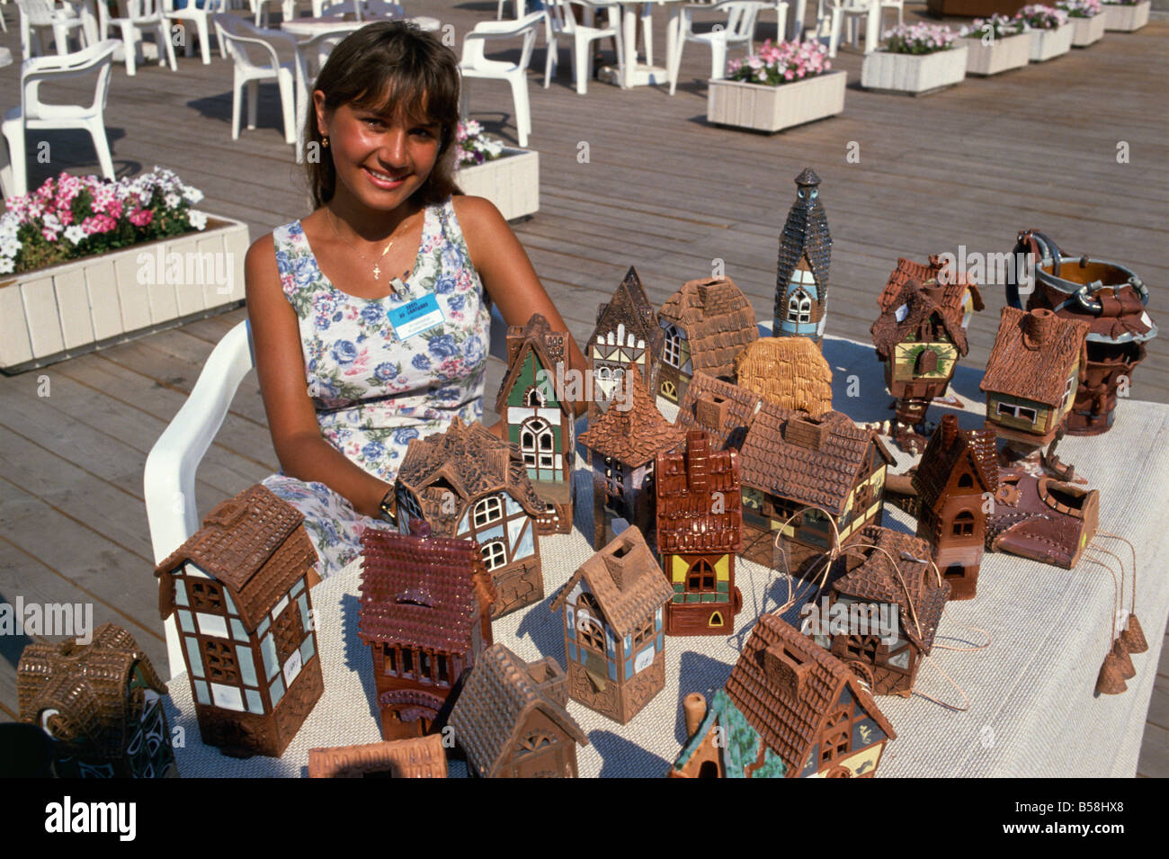 Selling ceramic houses souvenirs Tallinn Estonia Baltic States Europe Stock Photo