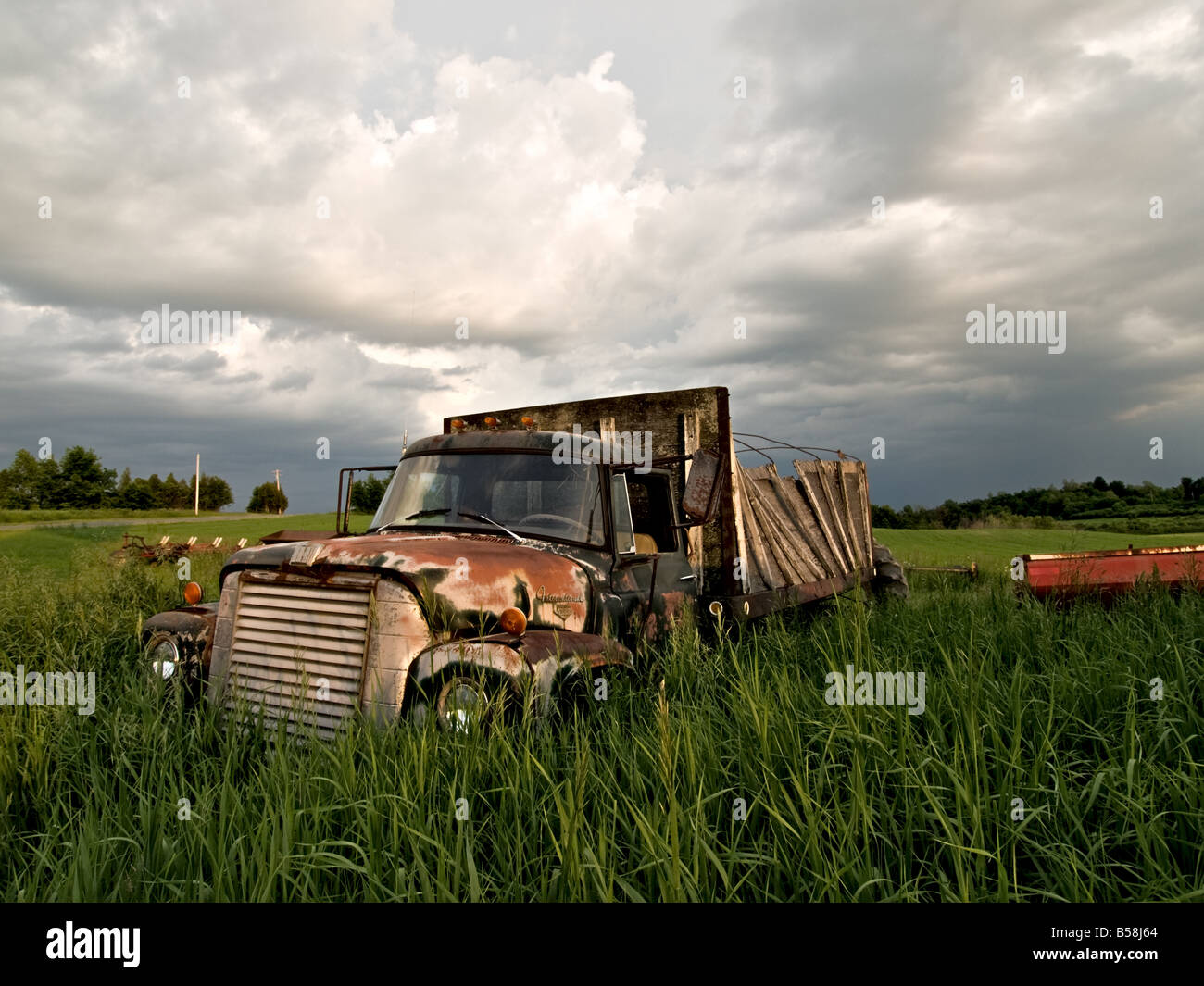Antique International Harvester Truck in a field of tall grass Stock Photo