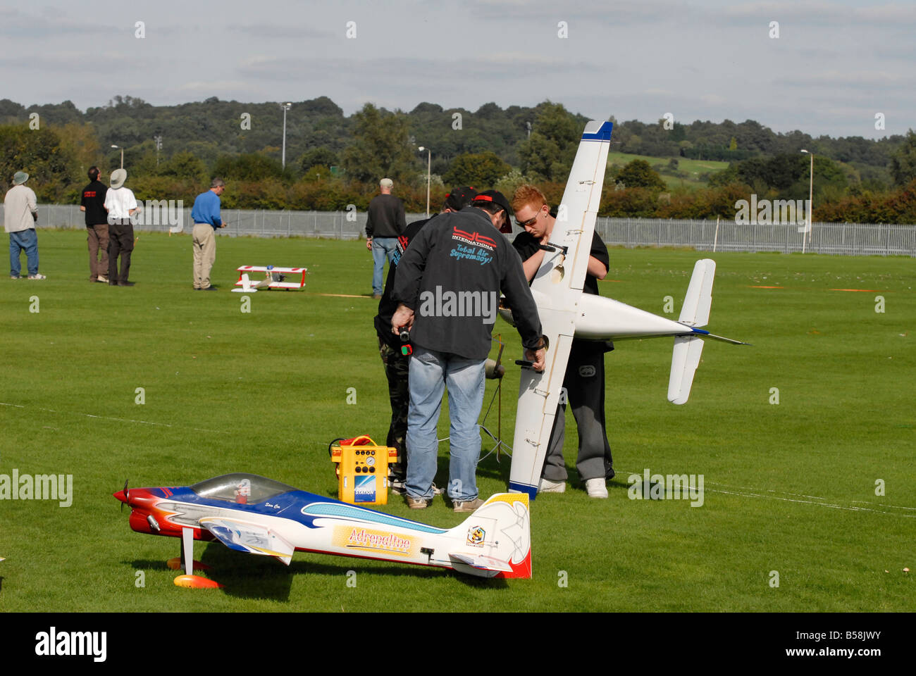 Radio modellers maintaining aeroplanes at Roman Way flying club (Oxford) open day Stock Photo