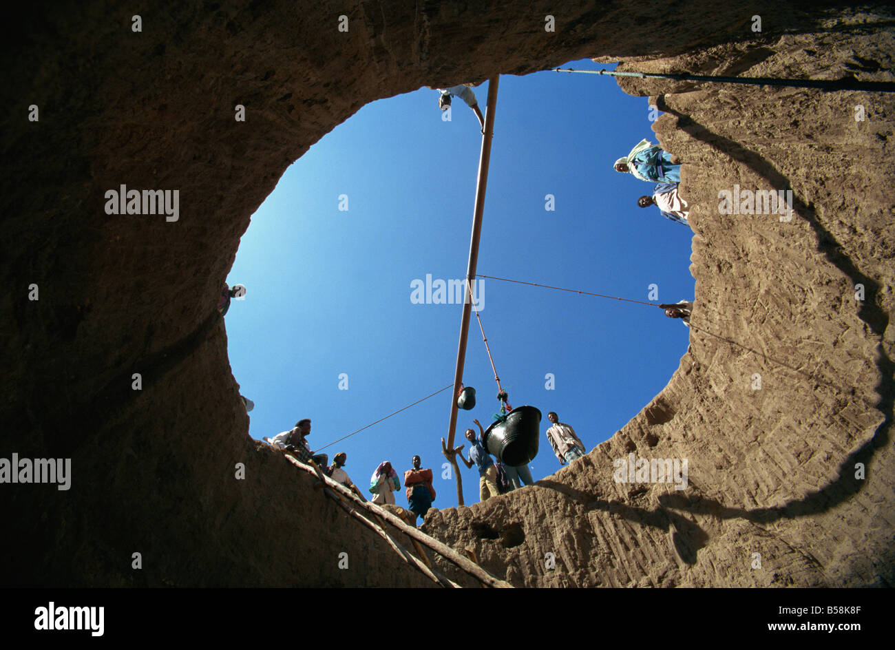 View up out of a well, Teferi Ber camp, Ethiopia, Africa Stock Photo