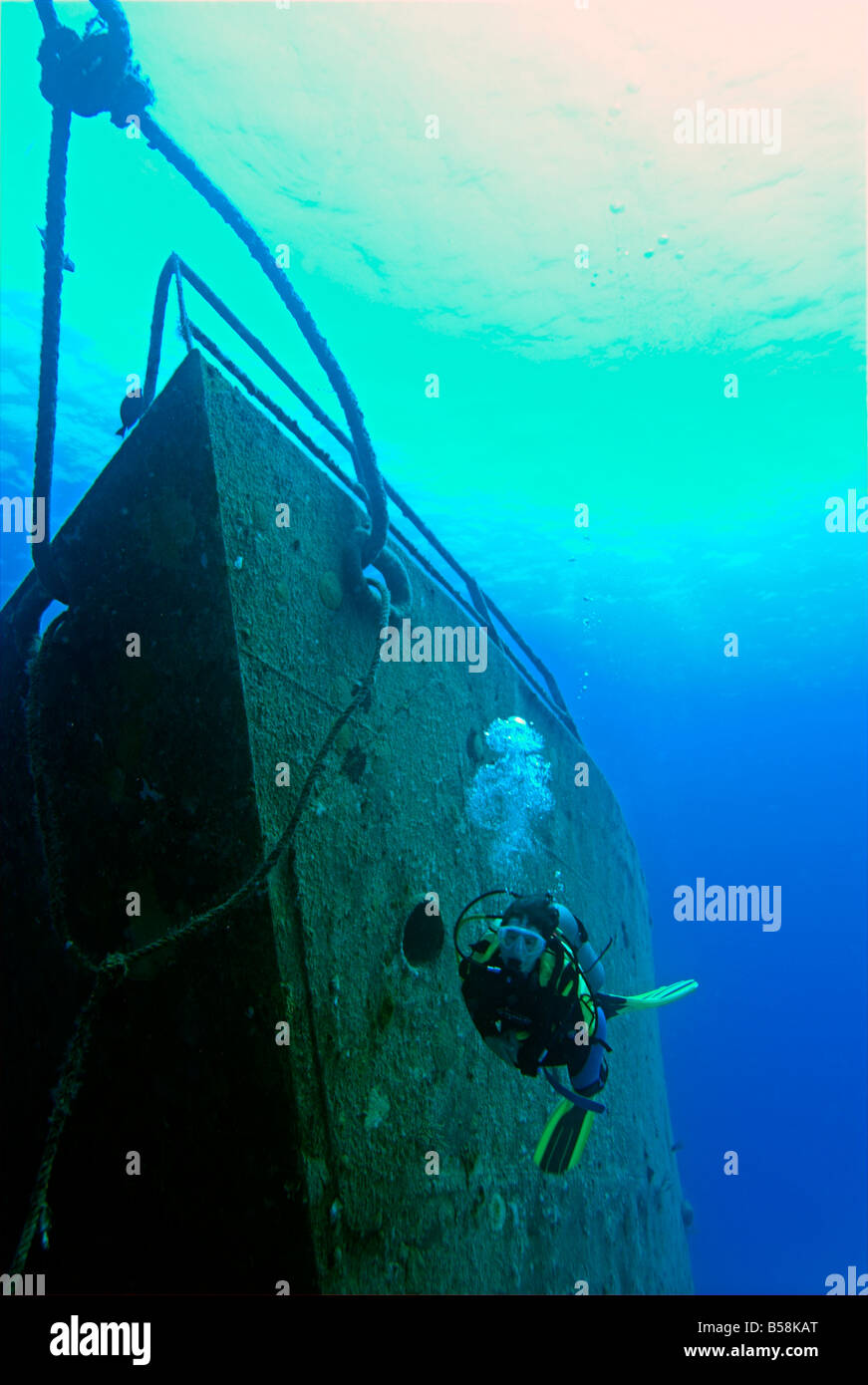 Bow of shipwreck with diver Twin Sisters shipwreck Paradise Island Bahamas Stock Photo